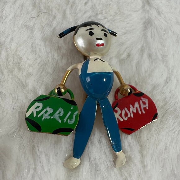 Vintage Robotic Puffed  Whimsey Pin Tourist shopper Paris Roma Marked Spain - Picture 1 of 4